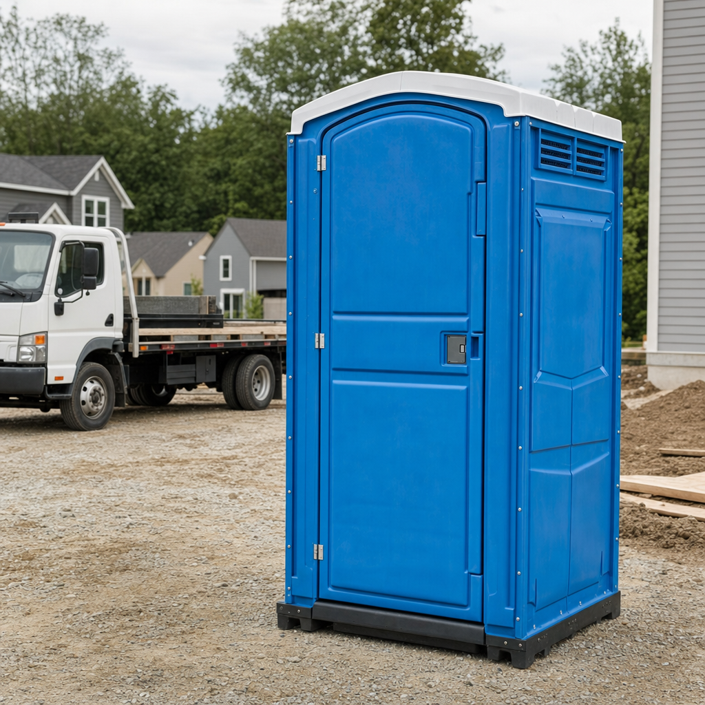 Delivery driver positioning a clean royal-blue portable toilet on level ground at a Lawton worksite