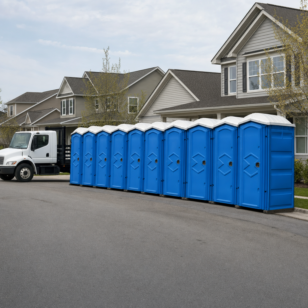 Royal blue portable toilets staged in a tidy row at a Lawton jobsite, ready for delivery